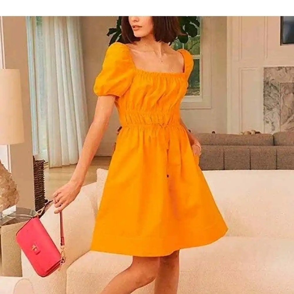 LDT Satin Dress NWOT Yellow Orange Claire Smocked Puffed Sleeve Dress sz 4